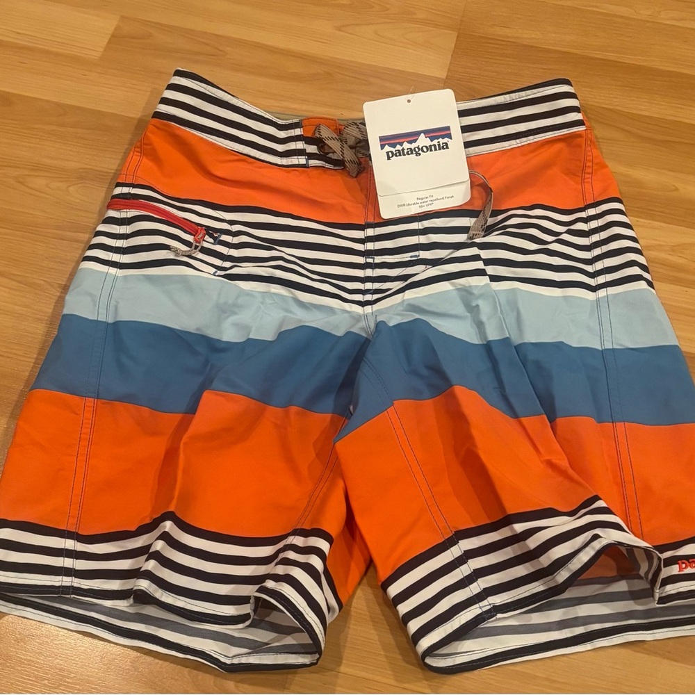Patagonia Men's Swim Shorts -‎ Orange, Blue, and Black Stripes